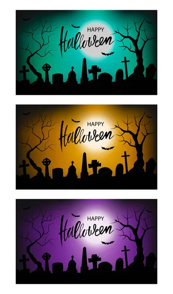 Set of Halloween vector illustration with black silhouette of cemetery — Stock Vector