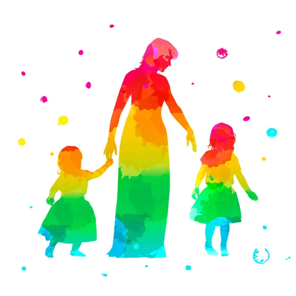 Silueta Mujer Con Dos Niños Aislados Sobre Fondo Blanco Clipart — Vector de stock