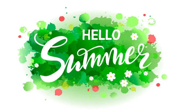 Vector Illustration Hello Summer Abstract Spot Green Watercolor Background Color — Stock Vector