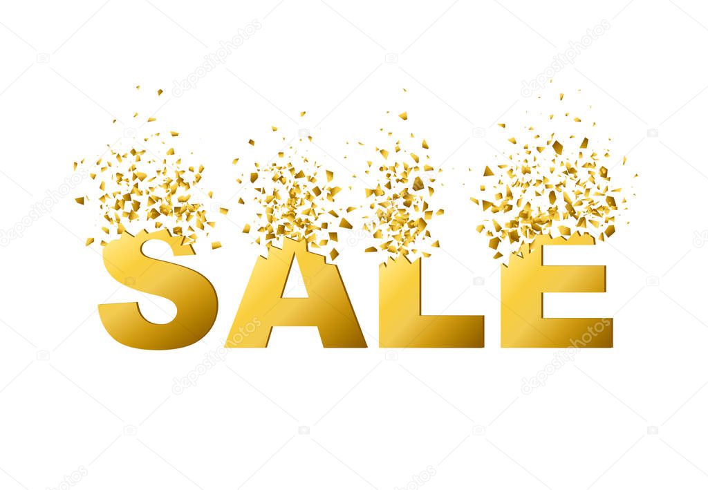 exploding text SALE with debris. Isolated gold inscription on white background. Concept, template for sale. 3d effect of particles. Vector illustration EPS 10