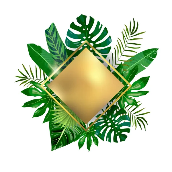 Altın eşkenar dörtgen ve tropikal yapraklar, palmiyeler, canavar yaprağı, çiçek vektör arka planı. Pankart, tebrik kartı, etiket, davetiye, düğün, satış için beyaz arkaplanda modaya uygun bir şablon