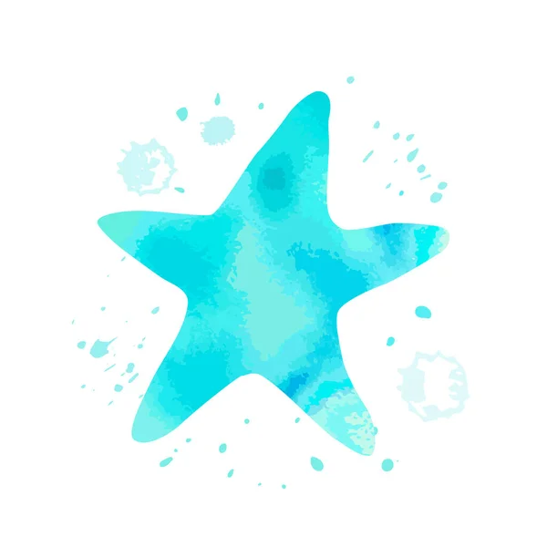 蓝色海星动物 水色纹理 白色背景上有抽象的青色斑点 用于设计 印刷品 贴纸的卡通小行星 — 图库矢量图片