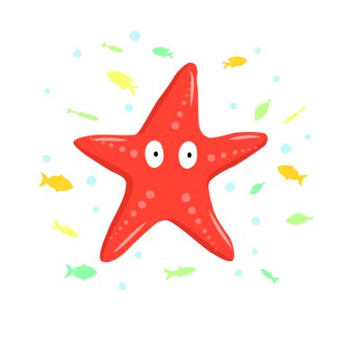 Mercan denizyıldızı düz karakterli, benekli ve beyaz arka planda küçük balıklı. Çizgi film asteroidi tasarım, logo, arkaplan, kart, yazdırma, çıkartma