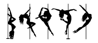 Beyaz arka planda kız ve sırığın vektör silueti. Fitness için direk dansı, striptiz dansçıları, egzotik danslar. Görüntü EPS10 logotip, rozet, simge, logo, bayrak, etiket.