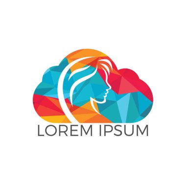 Spa ve salon logo tasarımı. Güzellik kadını ve bulut vektör simgesi. Güzellik salonları, spa, kozmetik, güzellik ve moda endüstrisi için soyut kavram.