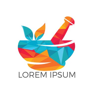 Eczane tıbbi logo tasarımı. Doğal havan topu ve tokmak logoti, ilaç bitkisel illüstrasyon sembolü vektör tasarımı.