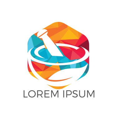 Eczane tıbbi logo tasarımı. Doğal havan topu ve tokmak logoti, ilaç bitkisel illüstrasyon sembolü vektör tasarımı.