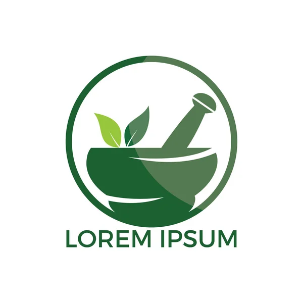 Eczane tıbbi logo tasarımı. Doğal havan topu ve tokmak logoti, ilaç bitkisel illüstrasyon sembolü vektör tasarımı.