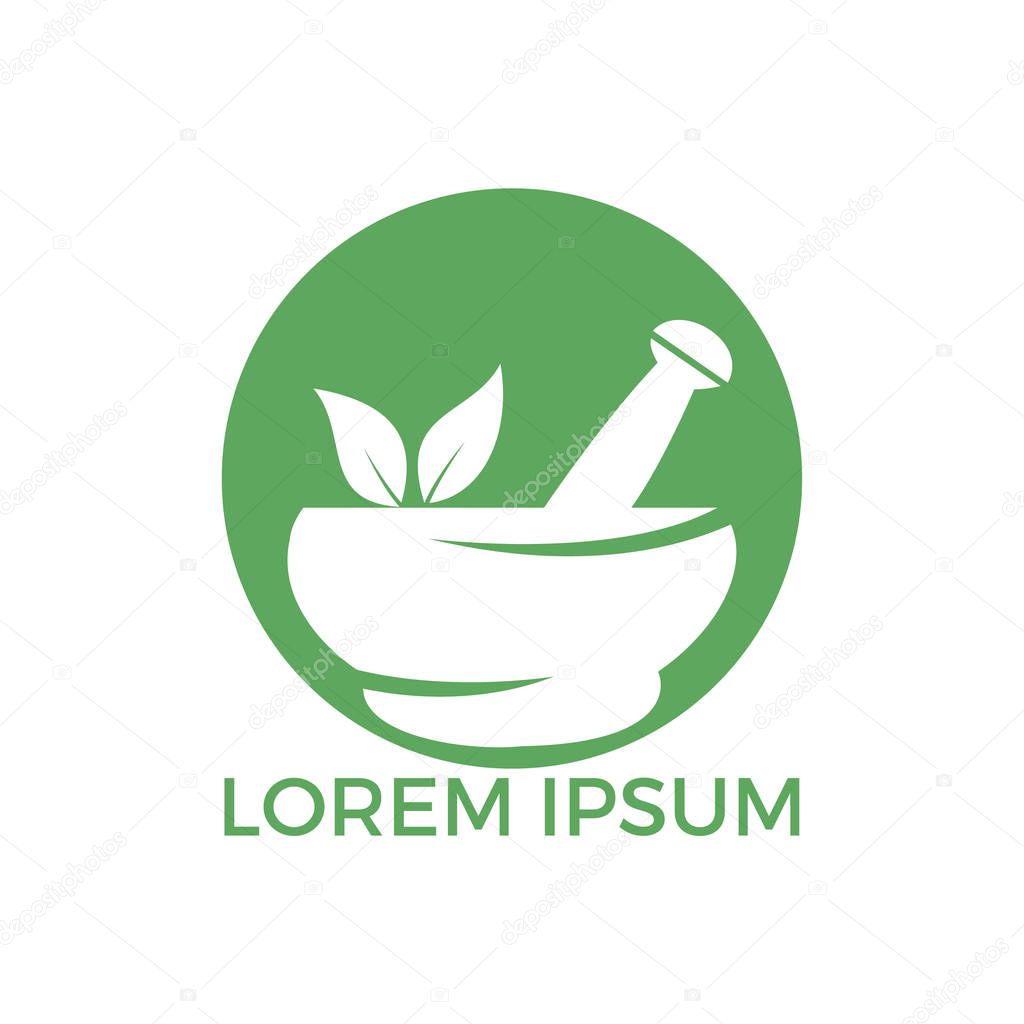 Pharmacy medical logo design. Natural mortar and pestle logotype, medicine herbal illustration symbol icon vector design.