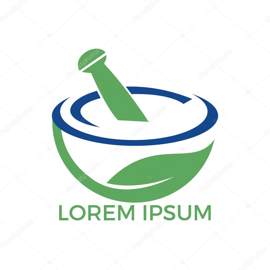 Pharmacy medical logo design. Natural mortar and pestle logotype, medicine herbal illustration symbol icon vector design.
