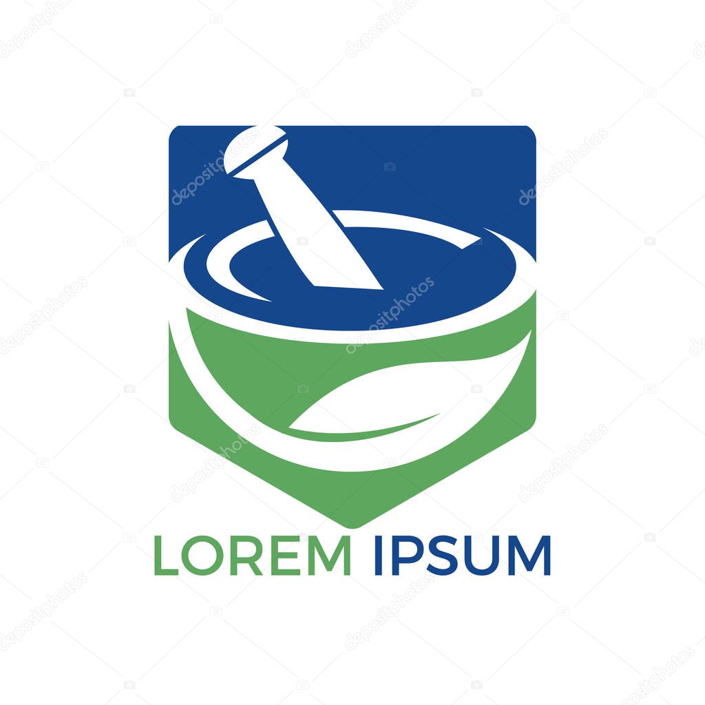 Pharmacy medical logo design. Natural mortar and pestle logotype, medicine herbal illustration symbol icon vector design.