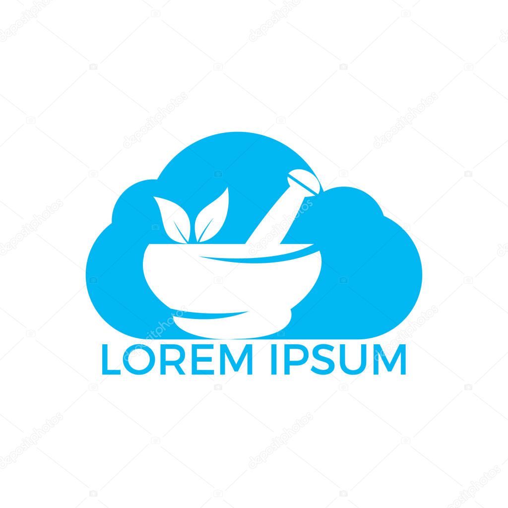 Cloud Pharmacy medical logo design. Natural mortar and pestle logotype, medicine herbal illustration symbol icon vector design.