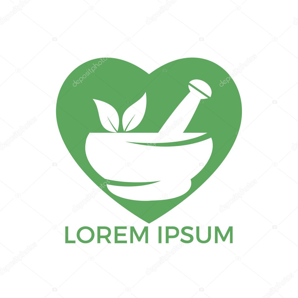 Heart shape pharmacy medical logo design. Natural mortar and pestle logotype, medicine herbal illustration symbol icon vector design.