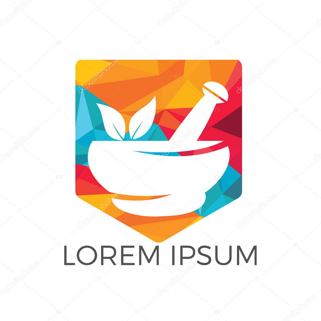 Pharmacy medical logo design. Natural mortar and pestle logotype, medicine herbal illustration symbol icon vector design.