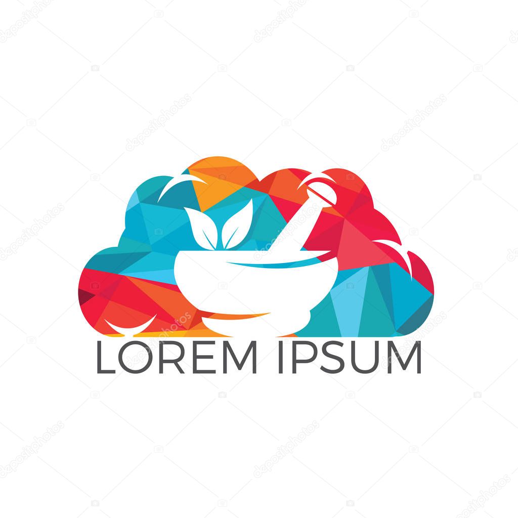 Cloud Pharmacy medical logo design. Natural mortar and pestle logotype, medicine herbal illustration symbol icon vector design.