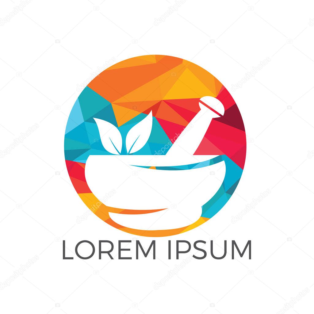 Pharmacy medical logo design. Natural mortar and pestle logotype, medicine herbal illustration symbol icon vector design.