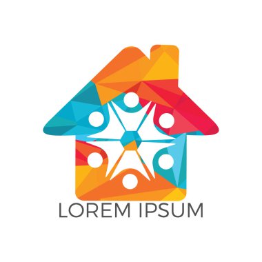 Soyut mutlu insan silueti ile renkli ev simgesi. Sağlık Merkezi evde bakım Emlak Daire veya otel logo anaokulu veya okul öncesi tasarım konsepti.