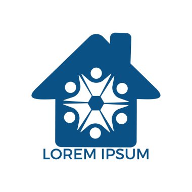 Soyut mutlu insan silueti ile renkli ev simgesi. Sağlık Merkezi evde bakım Emlak Daire veya otel logo anaokulu veya okul öncesi tasarım konsepti.
