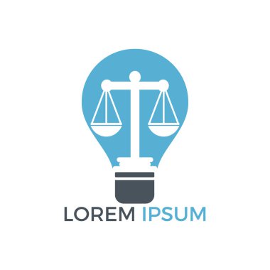 Ampul ve Adalet logosu tasarımı. Eğitim, hukuk hizmetleri logosu. Noter, adalet, avukat simgesi veya sembol Vektör