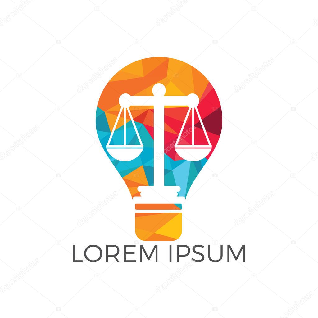 Light bulb and scale of Justice logo design. Education, legal services logo. Notary, justice, lawyer icon or symbol Vector