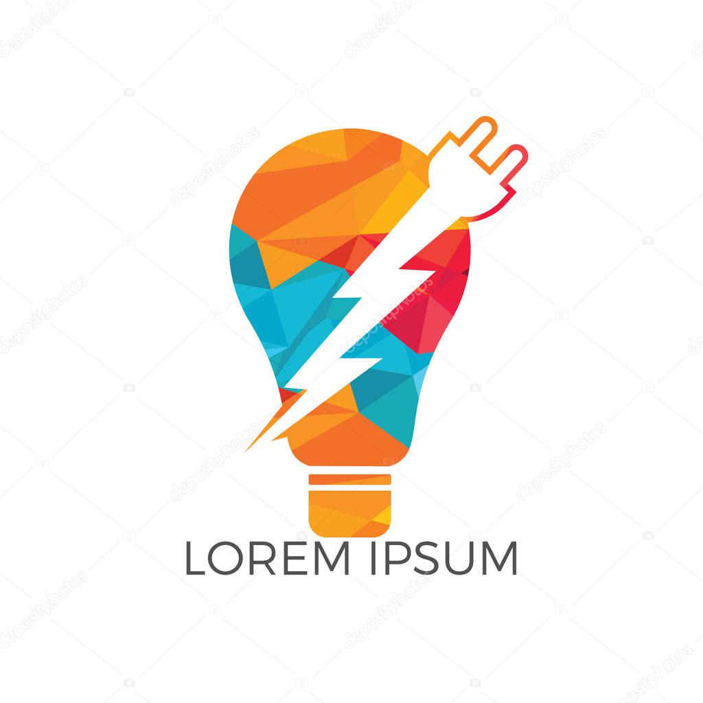 Light Lamp Electric Logo Design. Light bulb logo template with powers cables and electric plugs