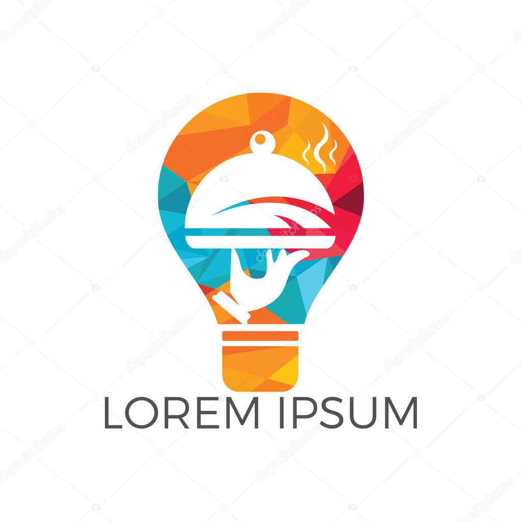 Light bulb and Food logo design. Food idea concept design. Cooking ideas abstract vector sign.