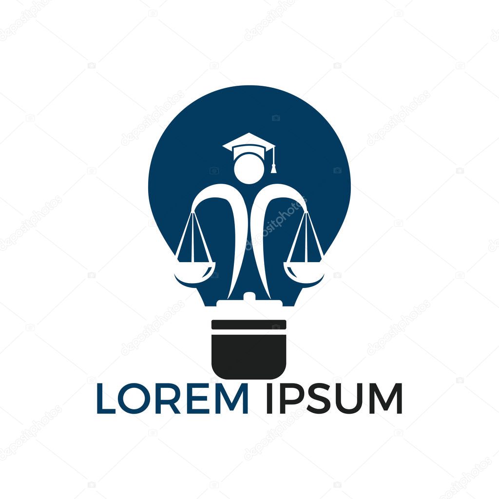 Light bulb and human holding scale of Justice. Education, legal services logo. Notary, justice, lawyer icon or symbol Vector