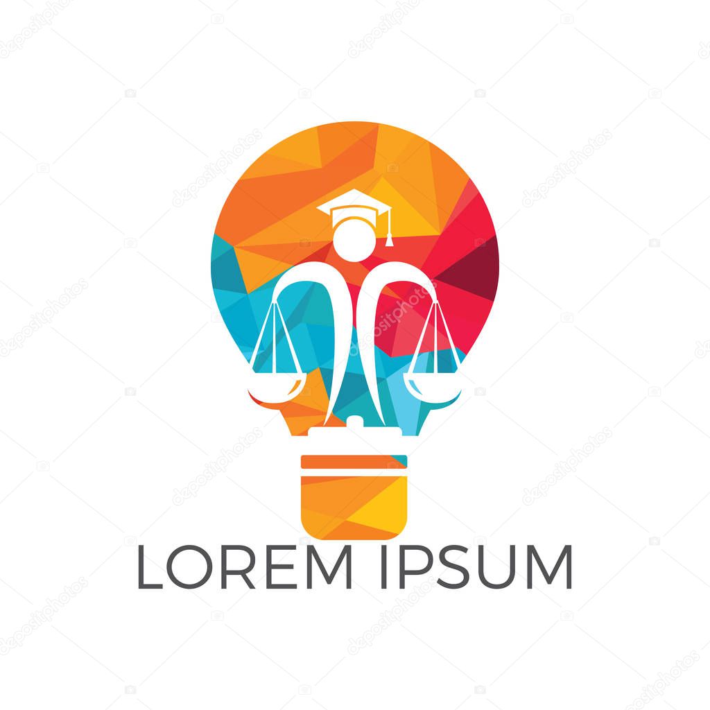Light bulb and human holding scale of Justice. Education, legal services logo. Notary, justice, lawyer icon or symbol Vector