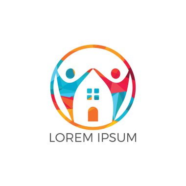 Ev ve insanlar logo tasarımı. Vektör logo şablonu ev ve neşeli insanlar.