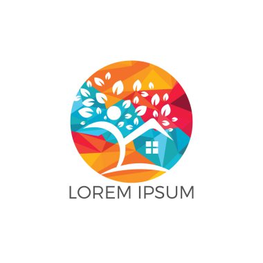 Ev ve insan logo tasarımı. Ağaç evi ve neşeli insan vektör logo şablonu.