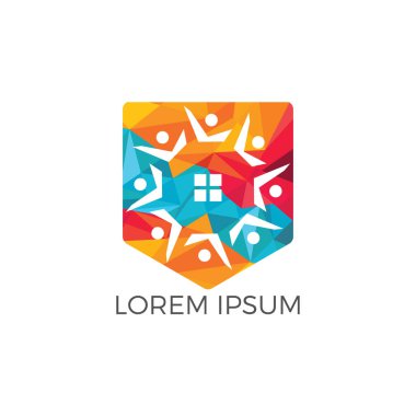 Topluluk ev logo tasarımı. Ev ve insanlar vektör simgesi.
