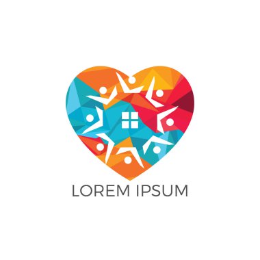Topluluk aşk ev logo tasarımı. Ev ve insanlar vektör simgesi.