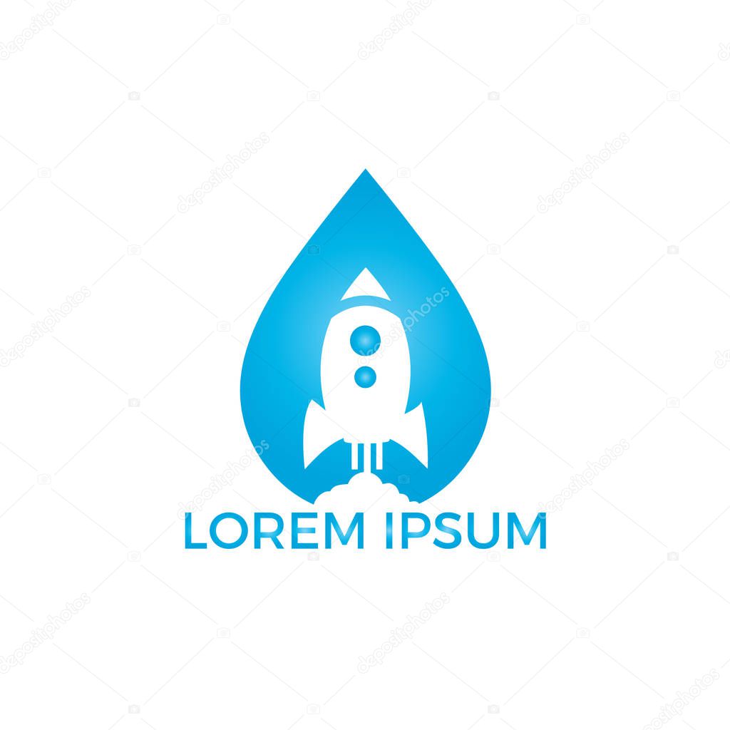 Water drop with a rocket vector design. Airplane and aqua symbol or icon. Unique water and oil logotype design template.