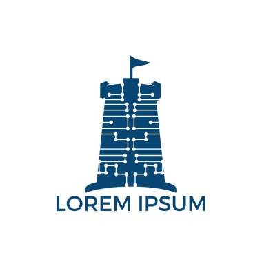 Fort ve ağ kombinasyonu logo tasarımı. Dijital veri paylaşımı güvenlik logosu tasarımı. Veri paylaşımı ve güvenli kimlik koruma kavramı, gizlilik simgesi.