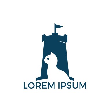 Fort at vektör logo tasarım kavramı. At Şövalyeleri ve kale kule logosu tasarımı.