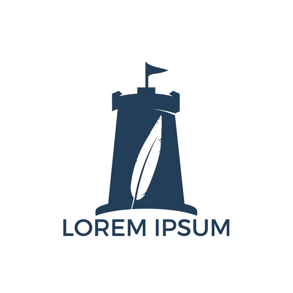 Tüy ve kale kombinasyonu logo tasarımı. Kule ve Pazar sembolü veya simgesi. Benzersiz kitapçı, Kütüphane ve kale logo tasarım şablonu.