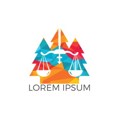 Ağaç hukuk logo tasarımı. Hukuk ölçeği ve çam ağaçları vektör logo konsepti.