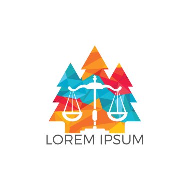 Ağaç hukuk logo tasarımı. Hukuk ölçeği ve çam ağaçları vektör logo konsepti.