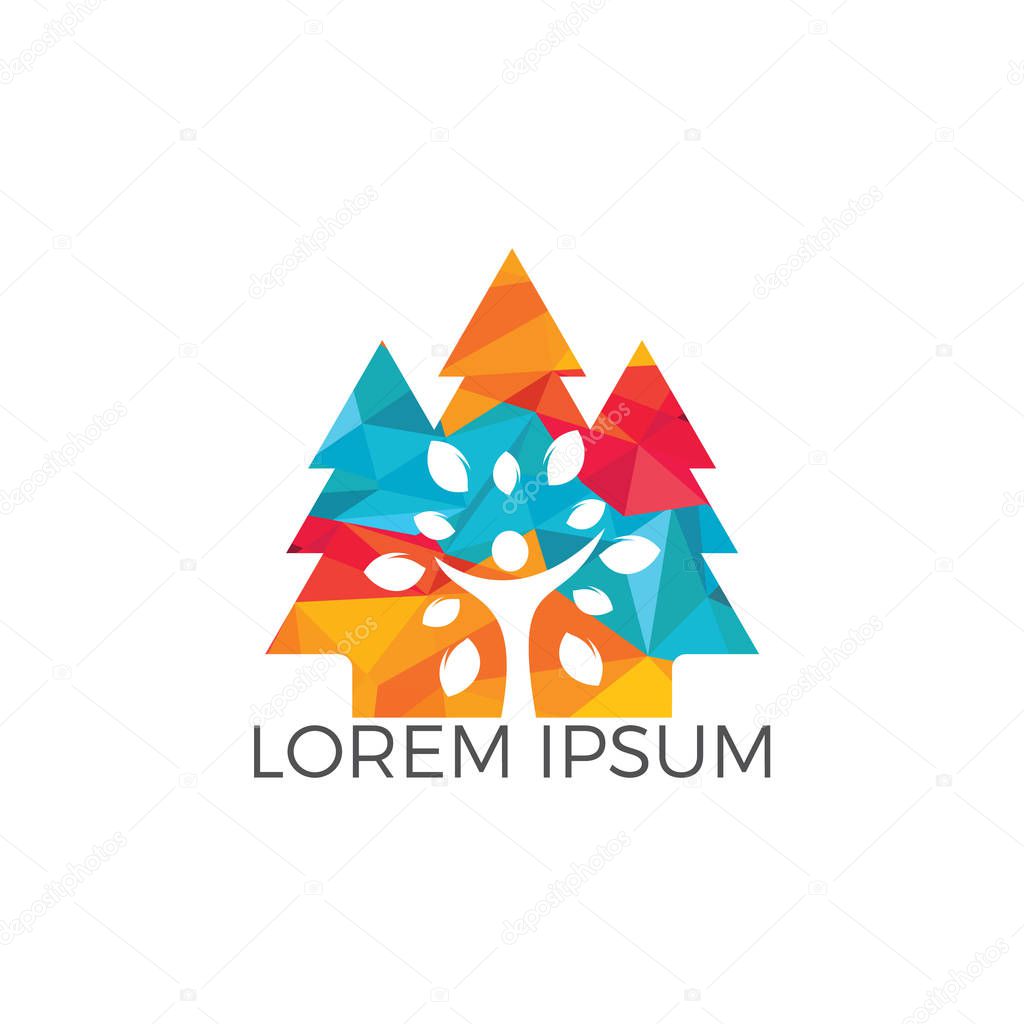 Pine tree people logo design. Healthy person people tree eco and bio icon human character icon nature care symbol.