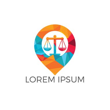 Terazi ve harita işaretçisi logo tasarımı. Benzersiz hukuk ve pin logo tipi tasarım şablonu.