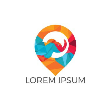 Fil ve harita işaretçisi logo tasarımı. Fil bulucu logo tasarımı. Hayvan yeri simgesi.