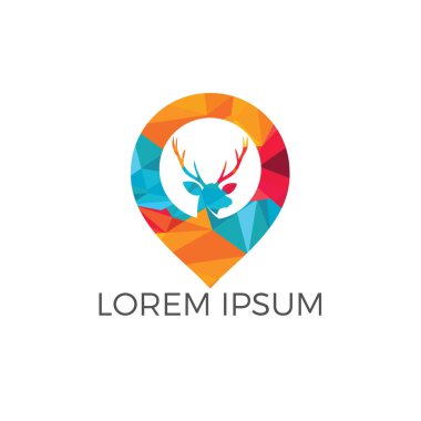 Geyik ve harita işaretçisi logo tasarımı. Geyik bulucu logo tasarımı. Hayvan yeri simgesi.