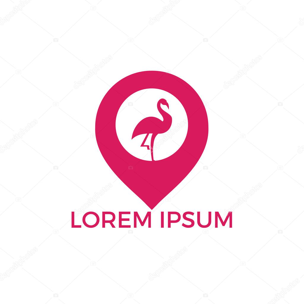 Flamingo and map pointer logo design. Modern location icon logo vector abstract bird.