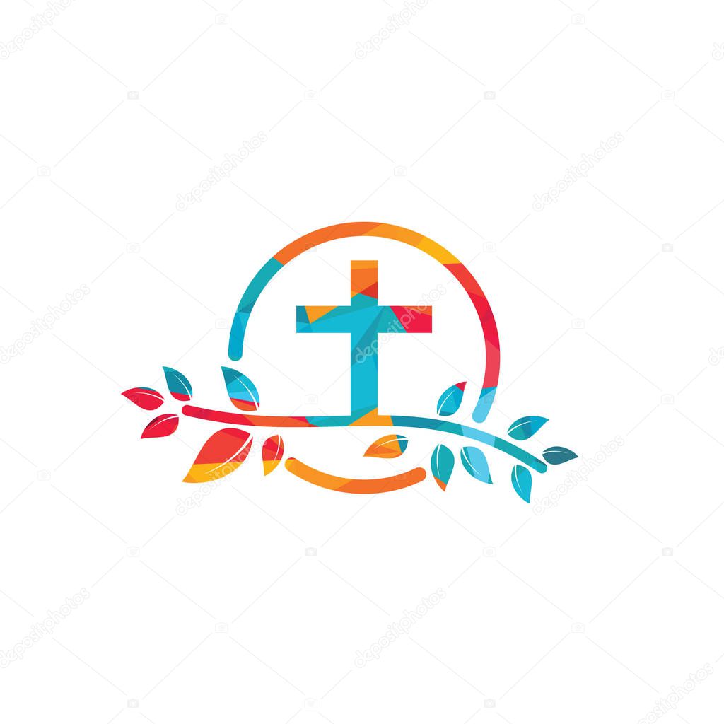 Simple christian church cross with tree leaves vector logo design.