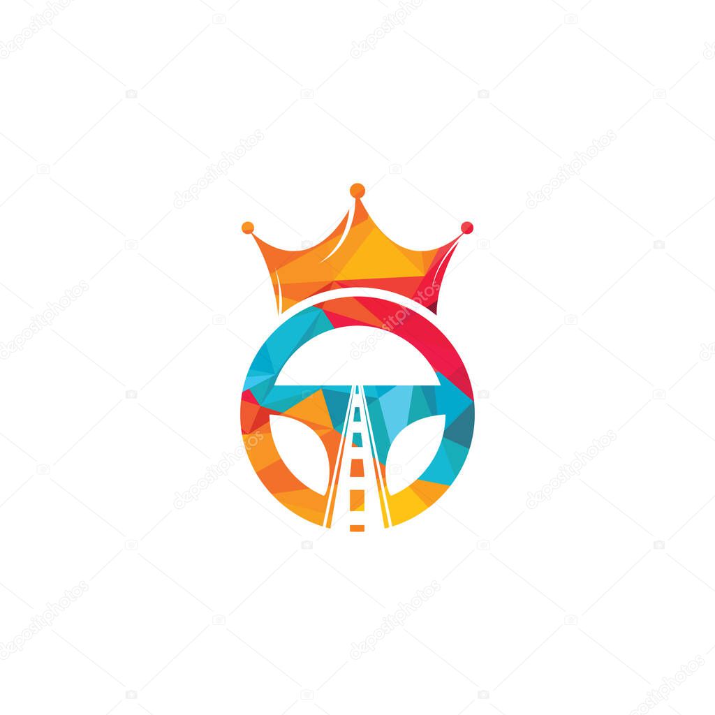 Drive king vector logo design. Steering with road and crown icon.