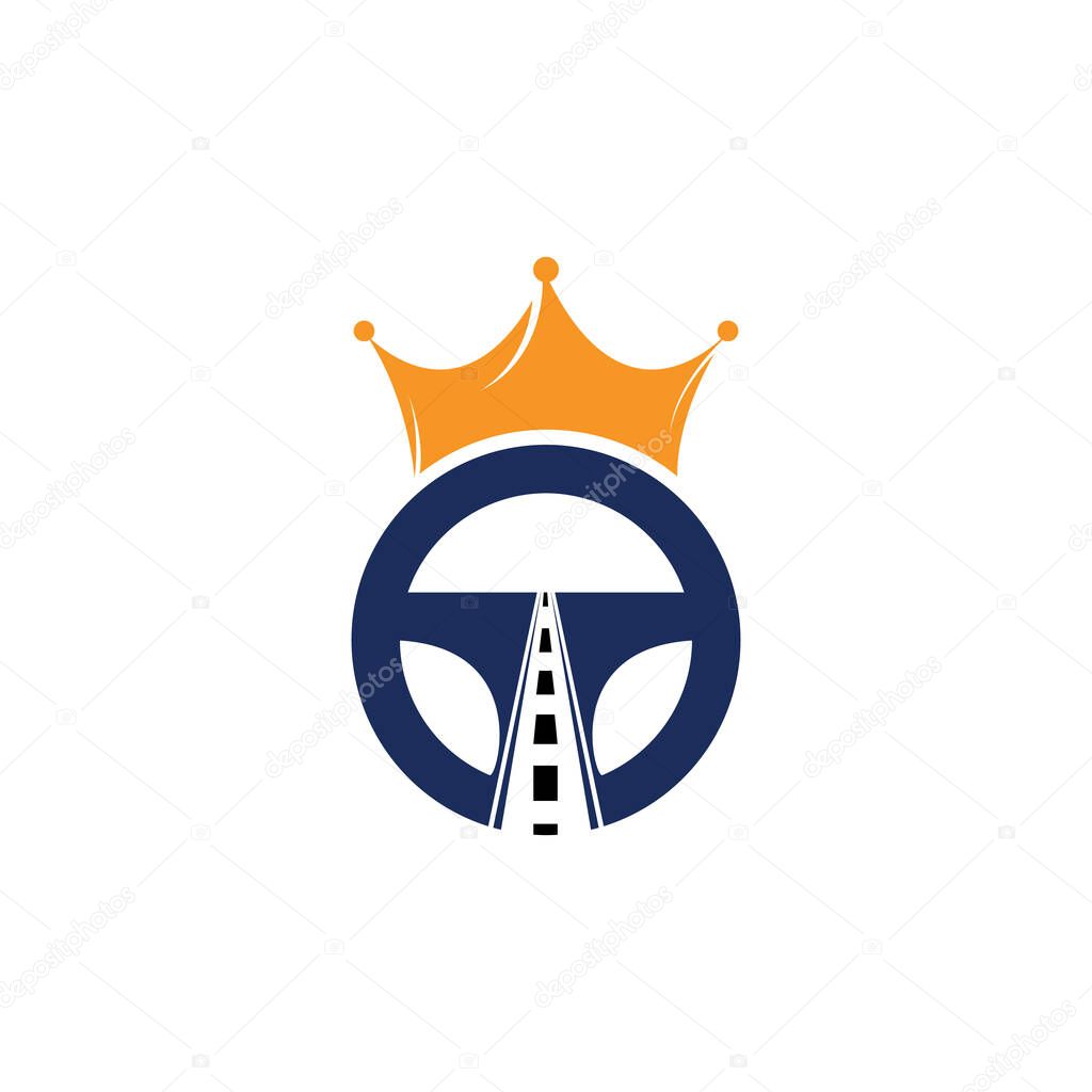 Drive king vector logo design. Steering with road and crown icon.