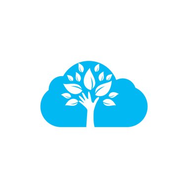 Yaratıcı yeşil el ağacı ve bulut logosu tasarımı. Doğal ürün logosu. Kozmetik ikonu. Spa logosu. Güzellik salonu veya yoga logosu.