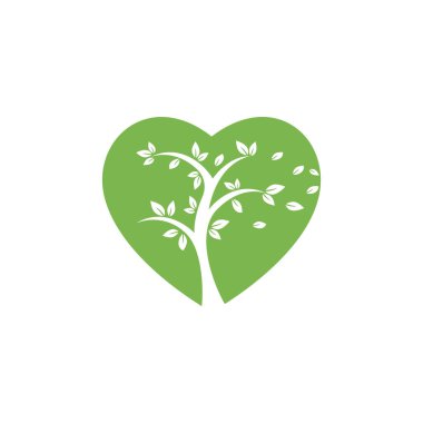 Ağaç Kalp logosu tasarımı. Doğanın yaratıcı logo tasarım şablonunu seviyorum. Basit yeşil yaprak ve kalp şekli sembolü.