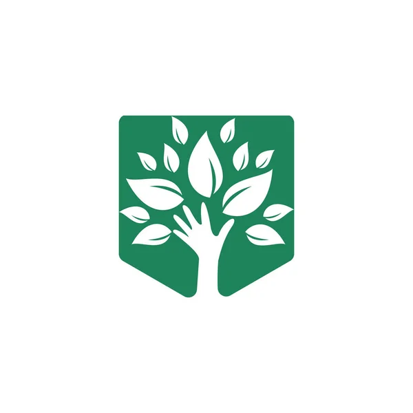 Creativo Albero Verde Mano Logo Design Logo Dei Prodotti Naturali — Vettoriale Stock