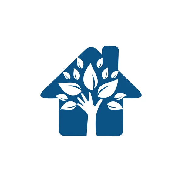 Kreativ Grön Hand Träd Och Hus Logotyp Design Naturlig Hemvård — Stock vektor